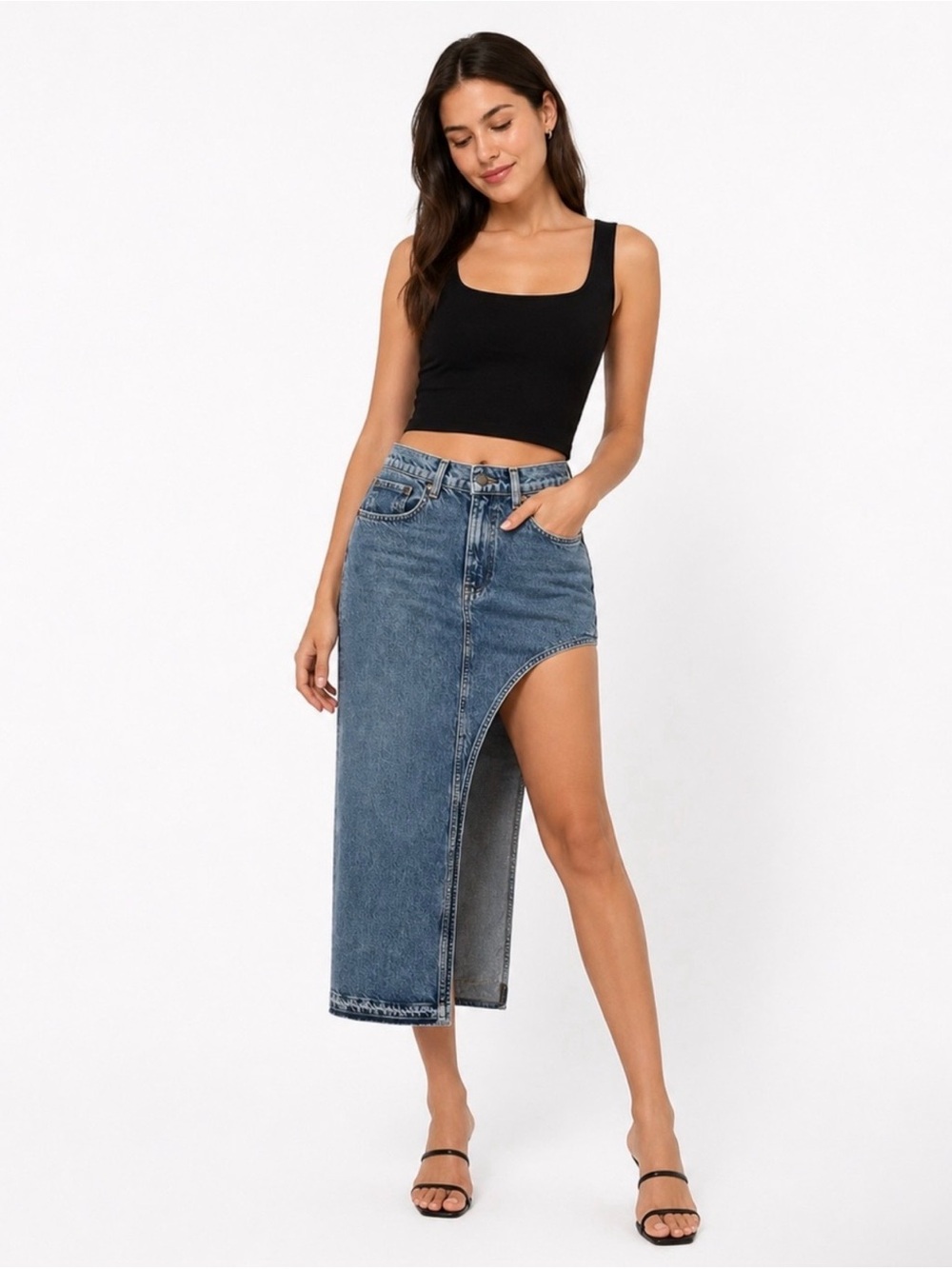 Zara Two-Tone Asymmetrical High-Slit Denim Skirt - Blue